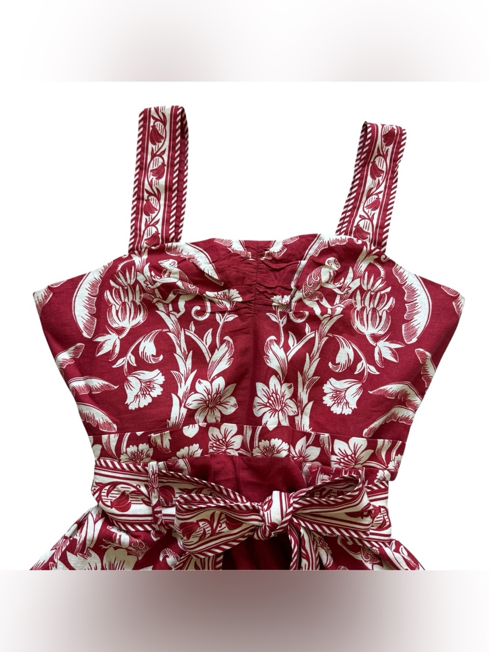 FARM Rio Guanacaste Red Gathering Romper L NWT Linen Floral Belted Jumpsuit $198 - Picture 5 of 16